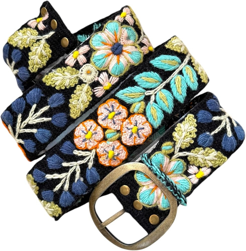 Peruvian Embroidered Flower Wool Belt, Hand Embroidered - Midnight Meadow | Amazon (US)