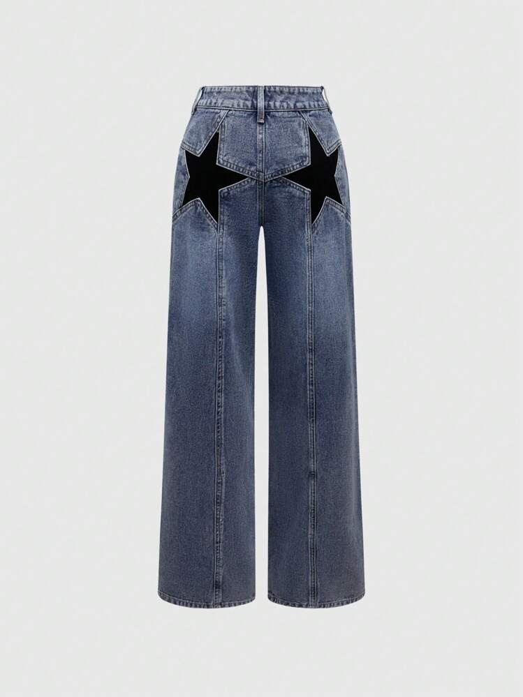 ROMWE Grunge Punk Y2K Style Low-Rise Relaxed Straight Leg Boy Friend Jeans With Star Print | SHEIN