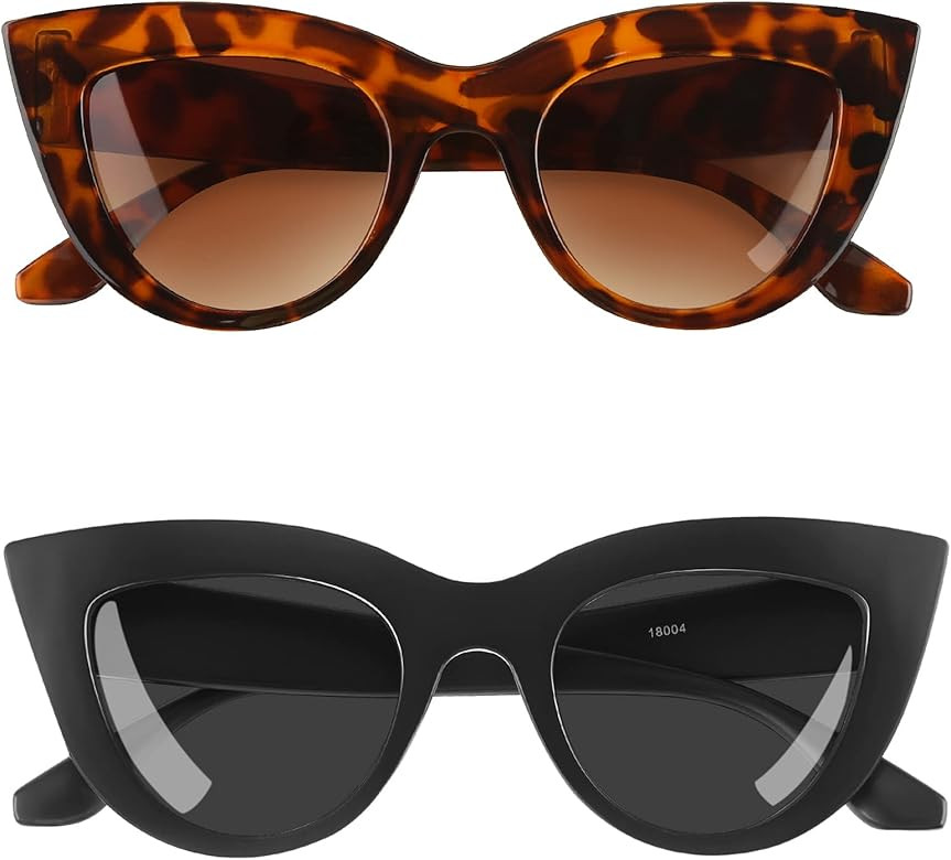 Konikit 2 Pack Vintage Cat Eye Sunglasses for Women UV400 Protection Glasses Round Cateye Style | Amazon (US)