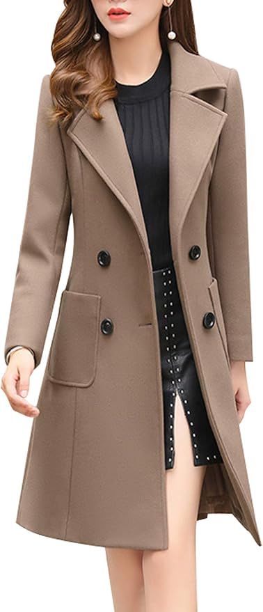 Chouyatou Women Elegant Notched Collar Double Breasted Wool Blend Over Coat | Amazon (US)