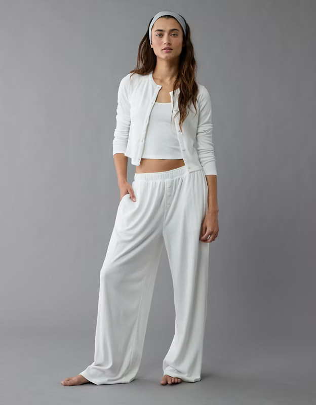 AE 3-Piece Pointelle Plush Cardigan Pajama Set | American Eagle Outfitters (US & CA)