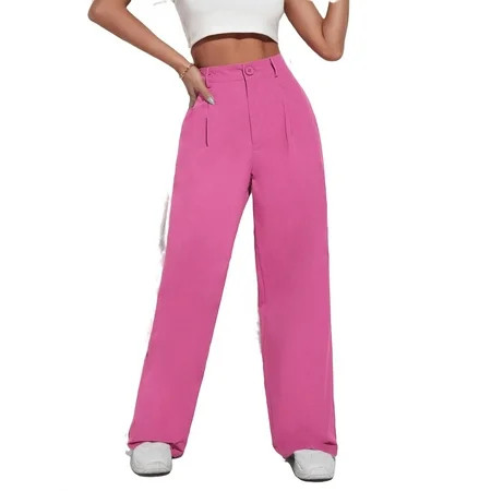 Women s Pants Solid High Waist Wide Leg Pants Pink M | Walmart (US)
