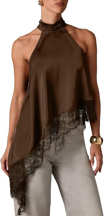 EVALESS Halter Tops for Women Lace Asymmetrical Going Out Satin Tank Top | Amazon (US)