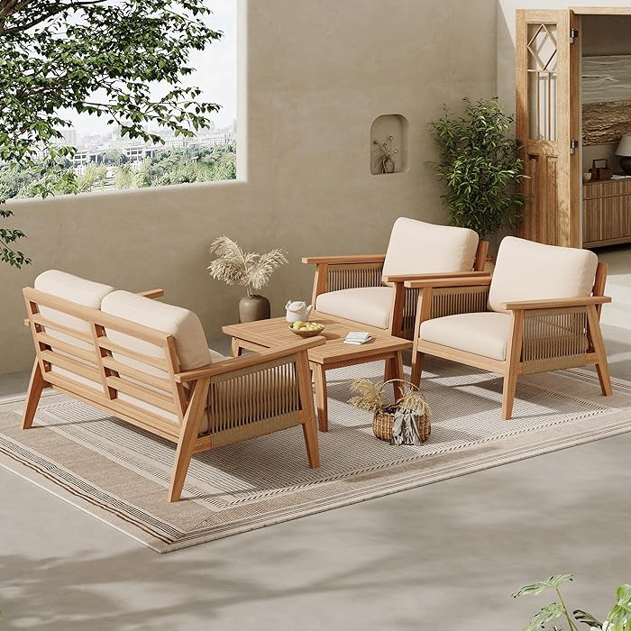 Merax Outdoor 4-Piece Acacia Wood & Rope Sectional Patio Set, Loveseat, Chair & Table with Water-... | Amazon (US)