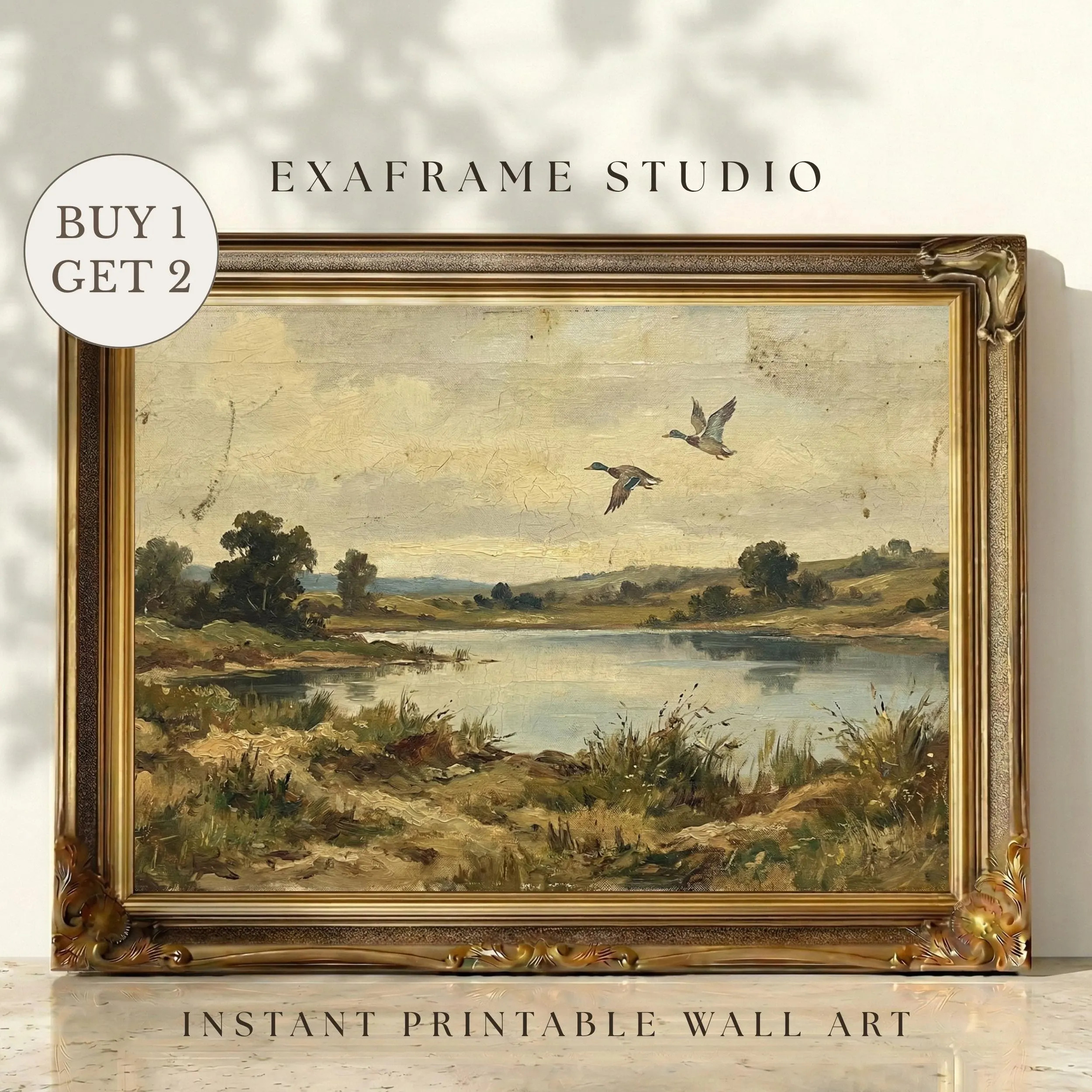 Vintage Flying Ducks Landscape Print | Mallard Ducks Antique Oil Painting, Muted Country Rustic Farmhouse Wall Art, Moody Lake House Decor | Etsy (Global)