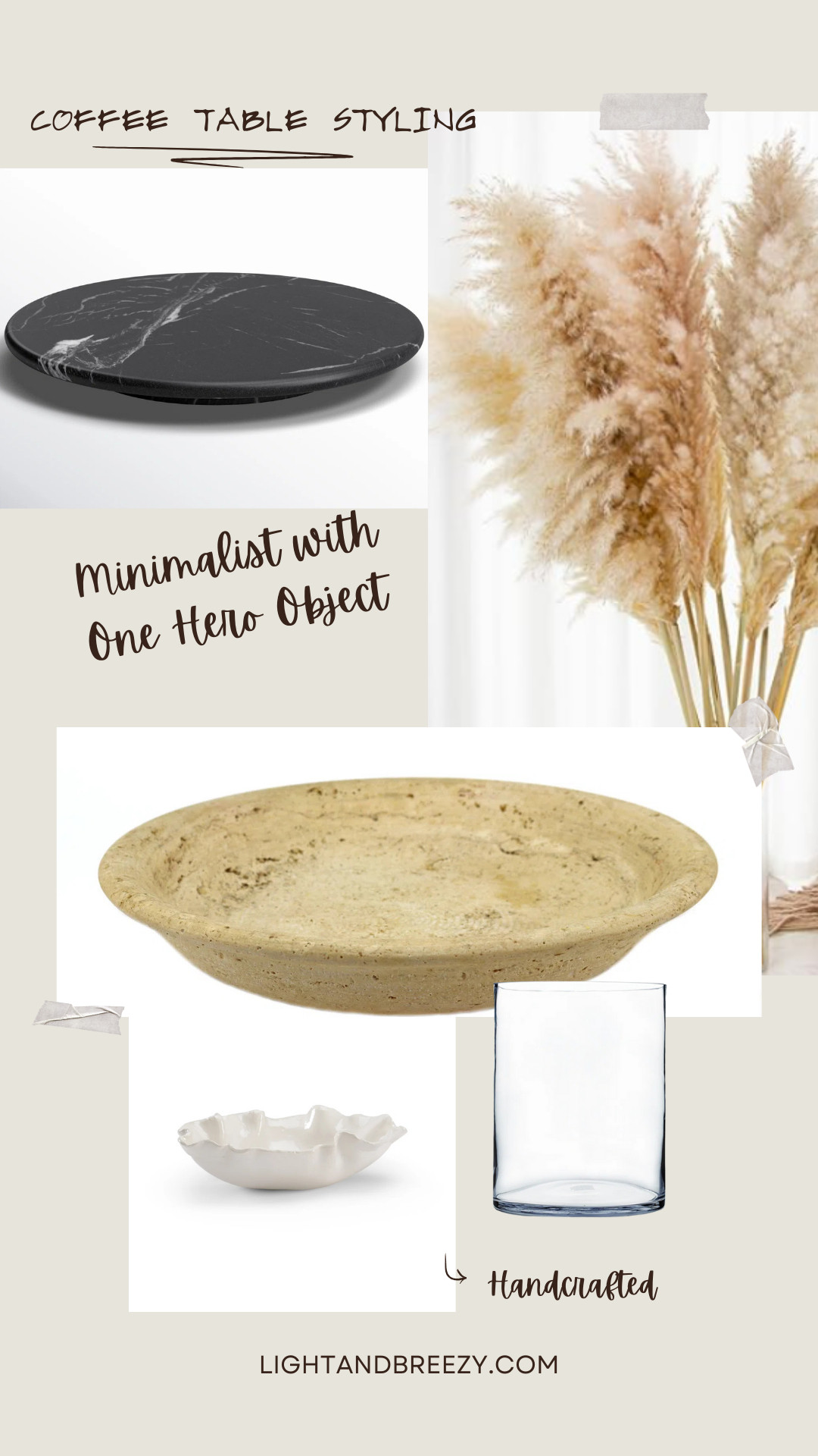 Minimalist coffee table styling featuring statement pieces that do all the work. Shop this modern minimalist home decor look with oversized travertine bowl, sculptural white ceramic vessel, black marble tray, and dramatic pampas grass stems. Create an elevated coffee table display with negative space and organic modern style. Perfect for Scandinavian home decor, contemporary living room, or minimalist apartment styling.

See more at https://lightandbreezy.com/coffee-table-styling/

#coffeetabledecor #minimalistdecor #coffeetablestyling #statementpiece #travertinebowl #modernhome #scandinavianstyle #livingroomdecor #minimaliststyle #homeaccents #marbledecor #organicmodern #neutraldecor #coffeetable #homedecor #modernfarmhouse #pampasgrass #ceramicvase #minimalism #interiordesign #homestyling #neutralhome #ltkhome #shopltk #amazonhome #targetstyle #minimalistinterior #contemporarydecor #sculpturalobjects #negativespacestyling 

 #LTKHome
