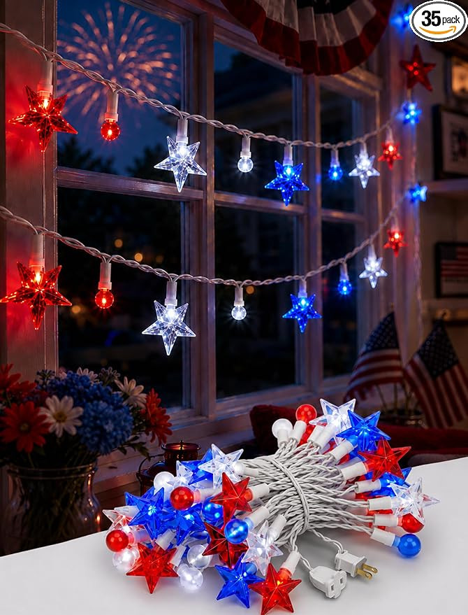 Red White and Blue Lights Outdoor, 35 LED String Lights | 13.6FT Plug In Star and Globe Design, I... | Amazon (US)