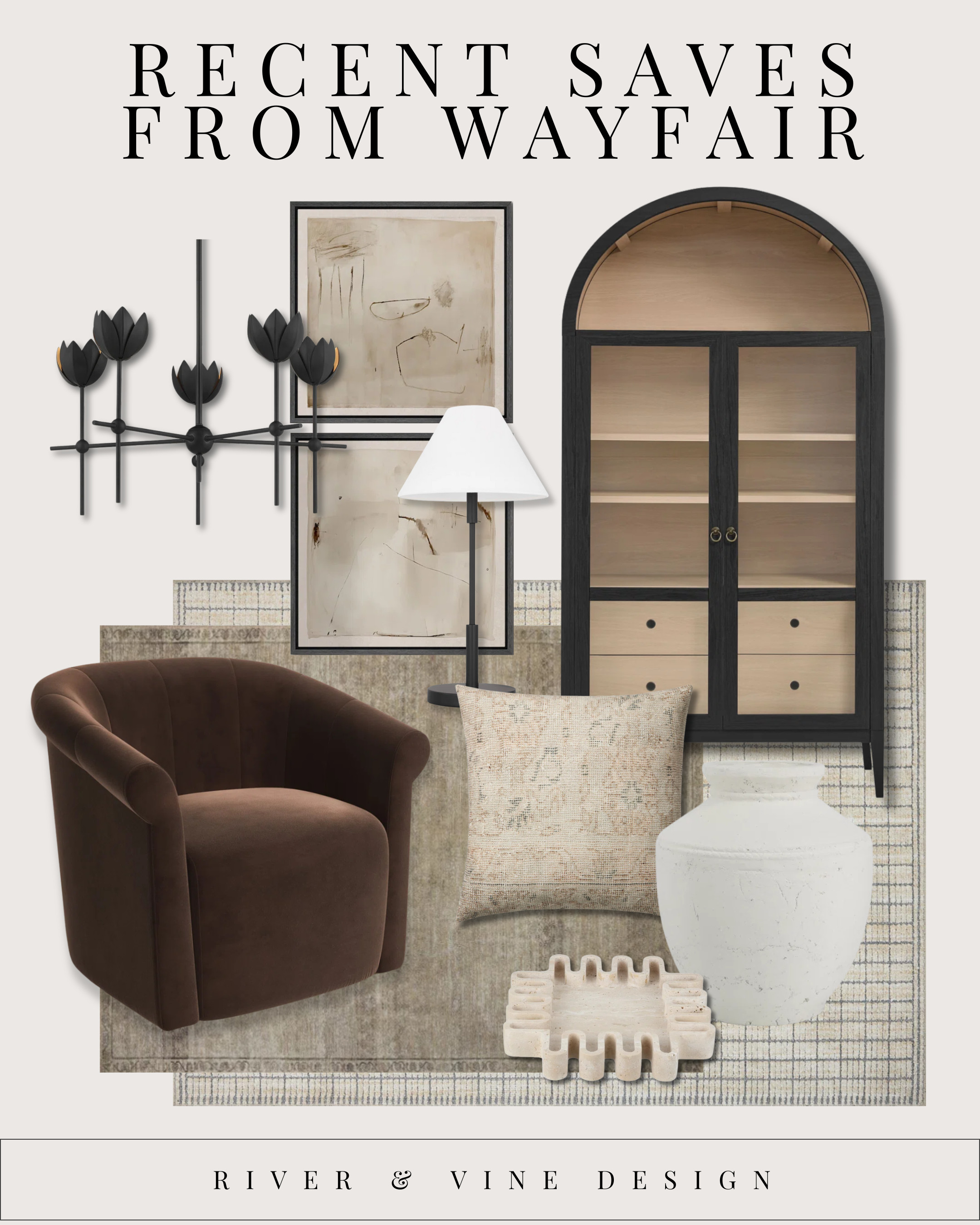 Recent Wayfair saves — designer look, smart price point.

These are the kinds of pieces that instantly elevate a room:

Sculptural black chandelier (adds drama + dimension)

Arched cabinet with wood interior (custom vibes without custom budget)

Velvet swivel chair (rich color, soft texture, stunning silhouette)

Neutral rug + pillow combo (warm but still understated)

Oversized ceramic vase + sculptural tray (styling essentials)

If you want your space to feel intentional and layered, start with one anchor piece and build around it.

Tap to shop these finds — each one is a designer-approved upgrade. 

 #LTKHome