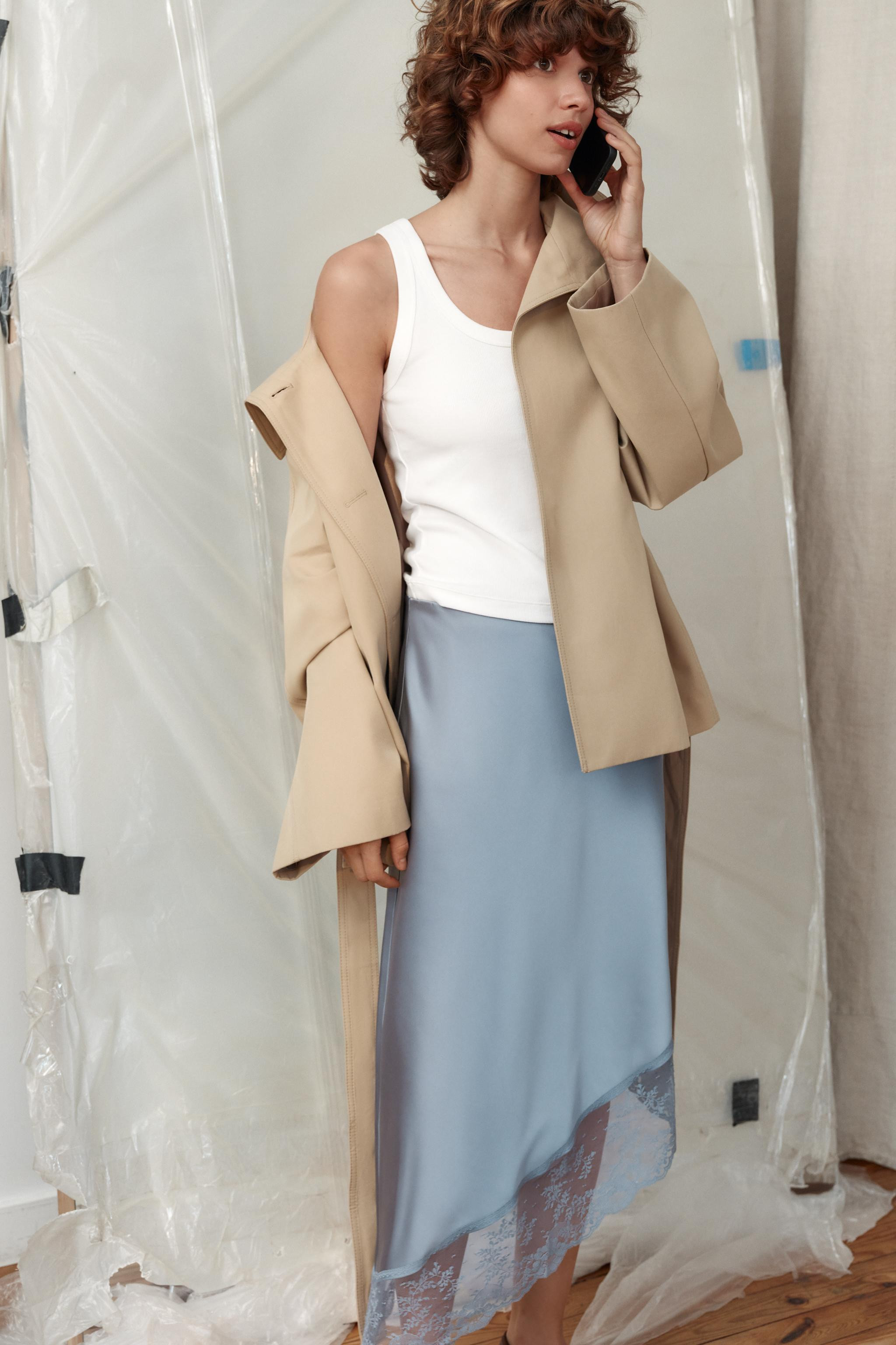 SATIN EFFECT MIDI SKIRT WITH ASYMMETRIC HEM AND LACE | Zara US