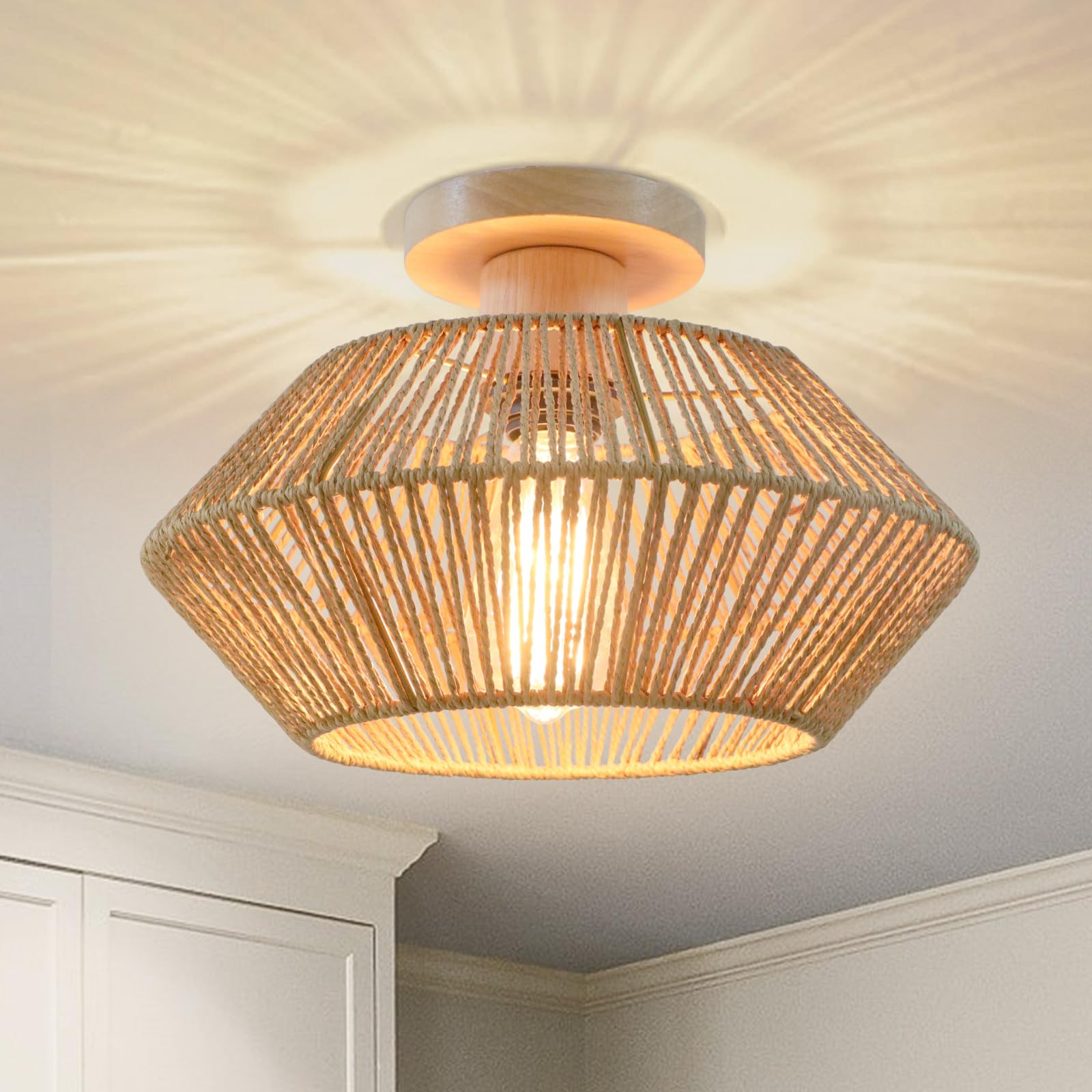 Woven Rattan Ceiling Light Fixture, 12.7'' Small Boho Light Fixture Coastal Natural Semi Flush Mo... | Amazon (US)