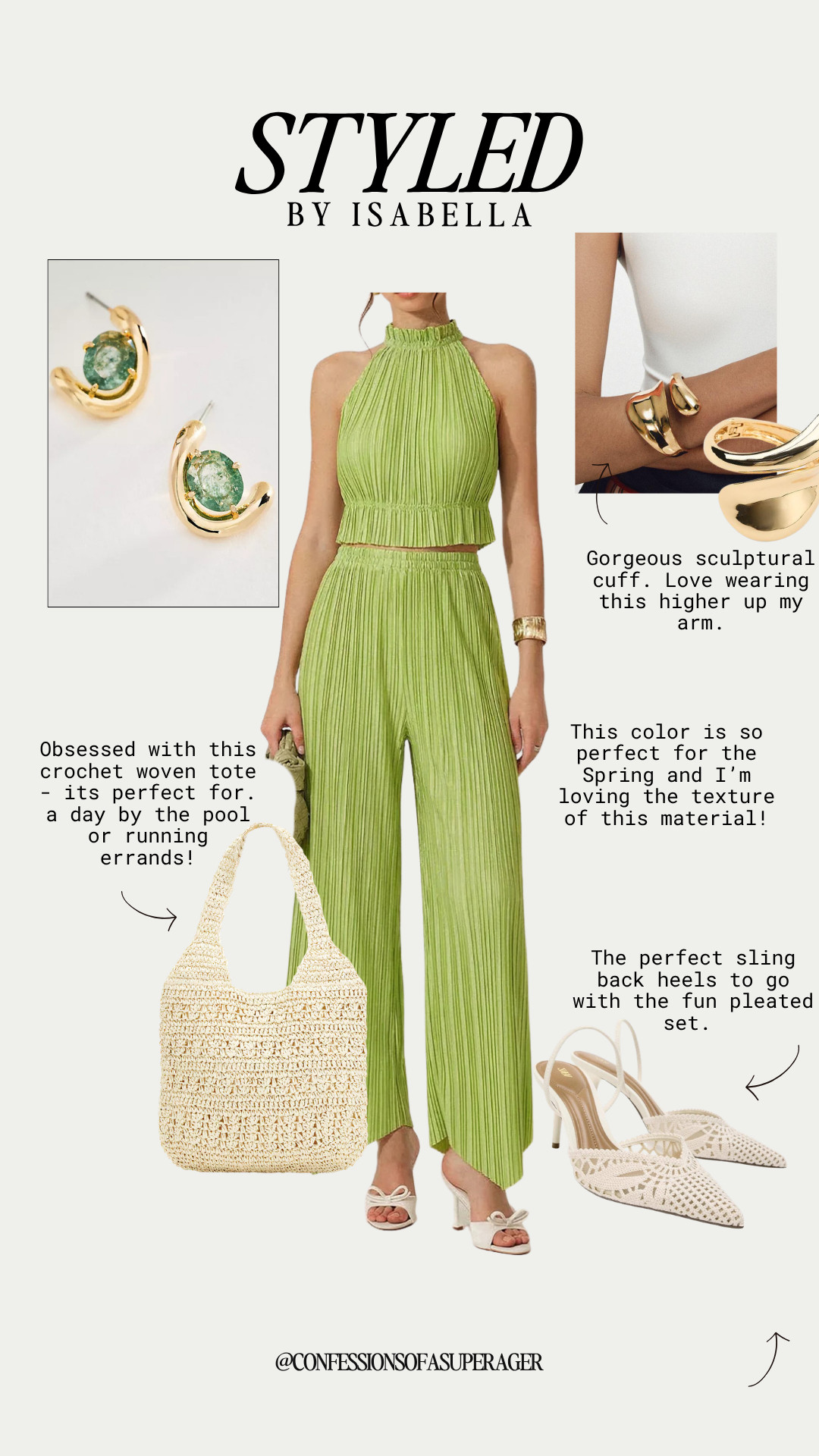 Brighten up your seasonal wardrobe with this lime green plisse set—the ultimate "cool and comfortable" look for spring and summer. I’m obsessed with this pleated material because it’s so lightweight for vacation travel and looks incredibly chic for brunch or a day by the pool. To keep the vibes easy but elevated, I paired it with a woven crochet tote and some gorgeous sculptural gold jewelry that really pops against the green. Whether you’re running errands or heading to a tropical resort, this matching set is a total game-changer for effortless styling

#LTKSeasonal #LTKOver40 #LTKSaleAlert