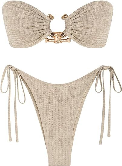 ZAFUL Metal Ring Bandeau Bikini Set Tie Side Bathing Suit High Cut 2 Piece Swimsuit Cutout Swimwe... | Amazon (US)