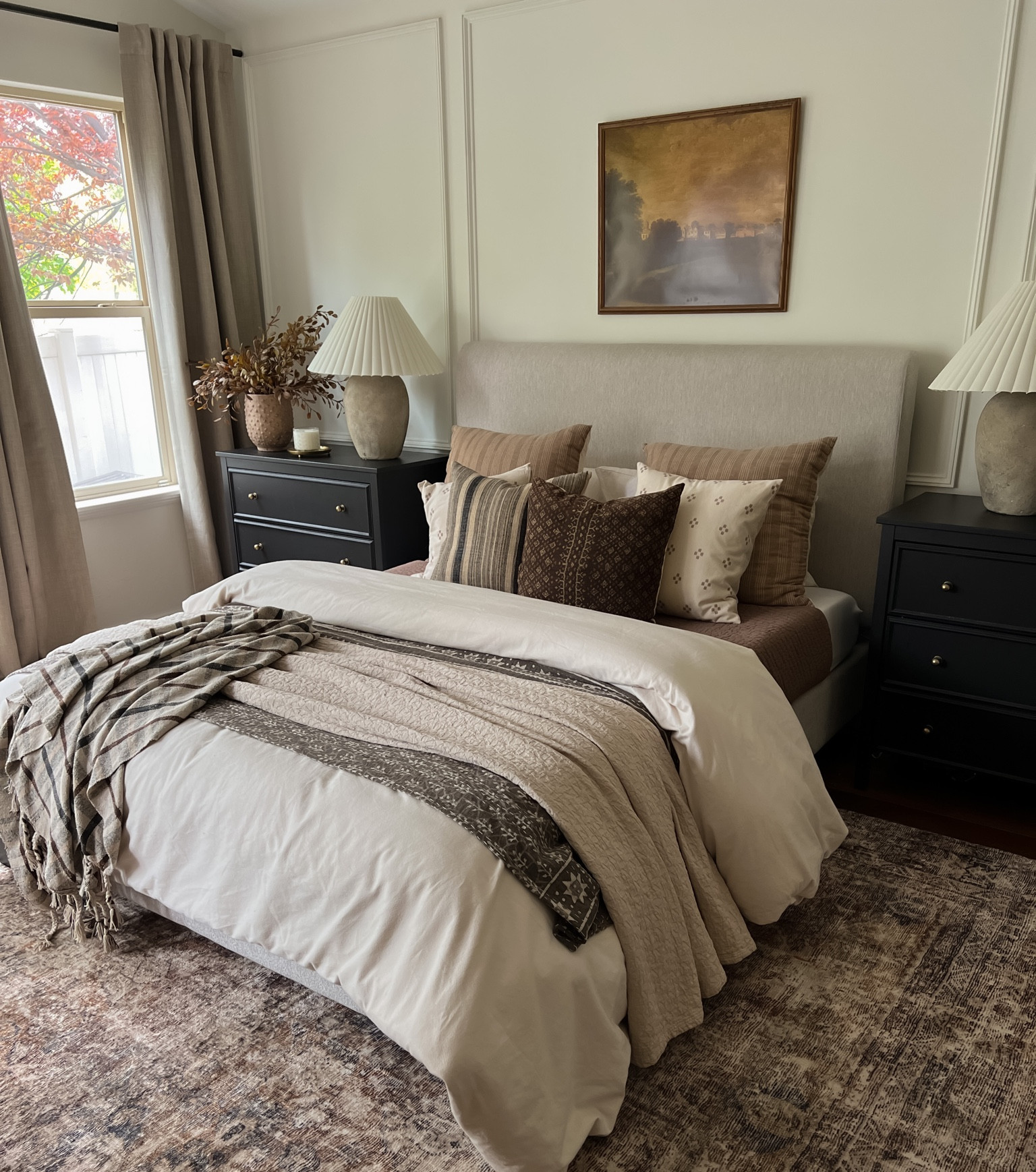 Primary bedroom styling ideas 

Vintage look loloi amber Lewis cloudpile sunset ink rug charcoal brown, mustard, rust, brown Etsy kantha quilt floral geometric ikat print ivory dark tan black plaid throw blanket woven tray stripe throw pillow boucle vintage antique art print concrete cement urn lamp with white pleated shade found vase Amazon drapes natural oatmeal color grandma chic vintage modern organic earth tones vintage dresser arched mirror green leaf realistic stems marble candle holder taupe taper candle wood bowl found vase 

#LTKsalealert #LTKstyletip #LTKFind