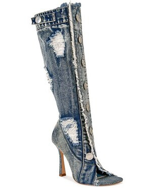 Azalea Wang Kazuki Deconstructed Denim Open Toe Tall Boots | Dillard's | Dillard's