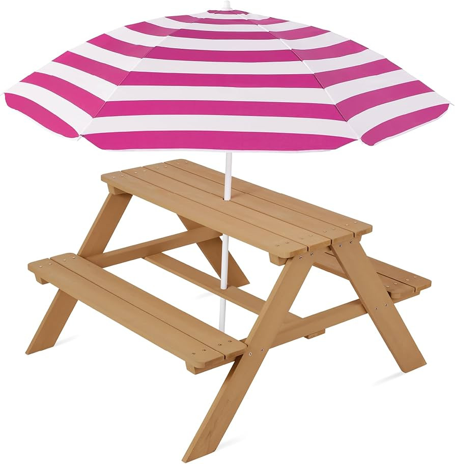 Best Choice Products Wooden Kids Picnic Table with Umbrella, Outdoor Activity Table Set with Buil... | Amazon (US)