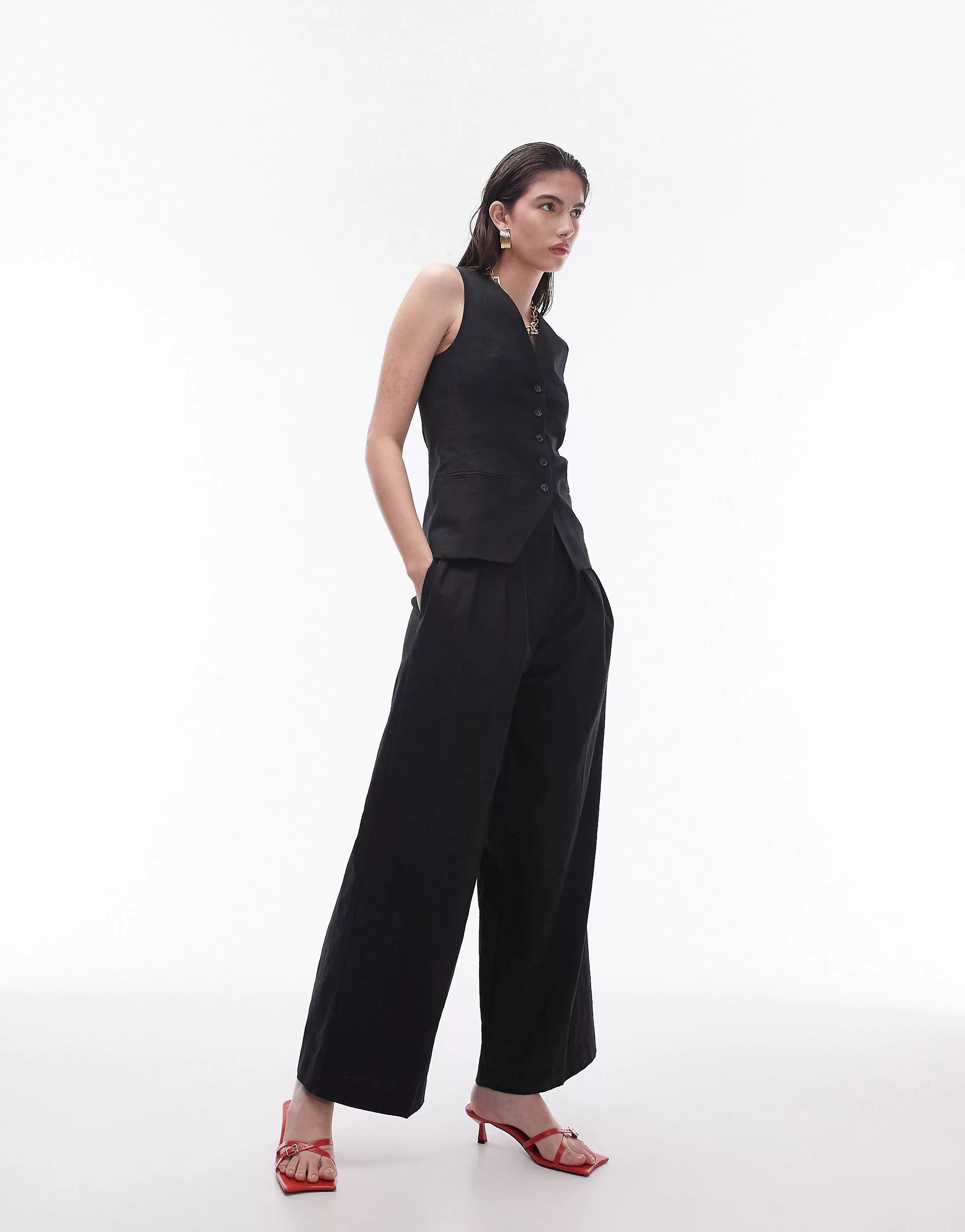 Topshop co ord button through linen fitted waistcoat in black | ASOS (Global)