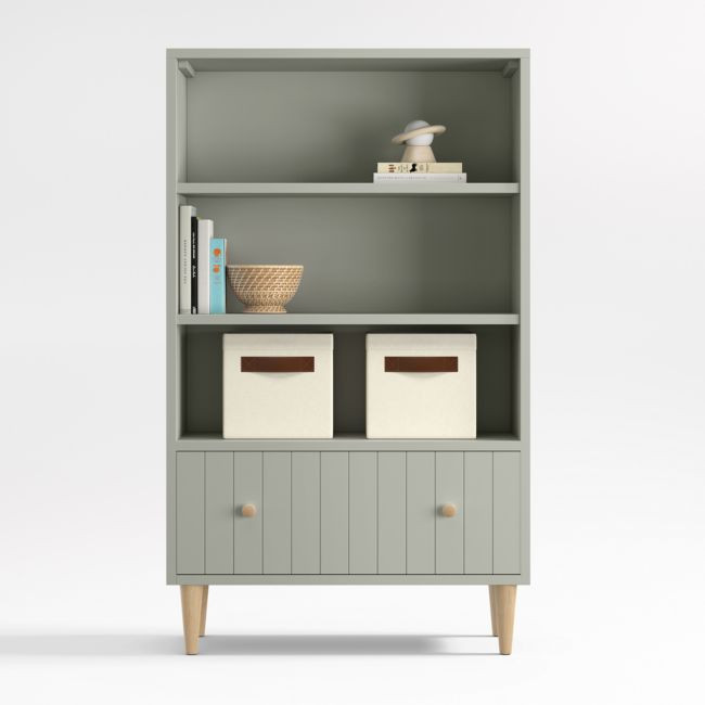 Finn Tall Sage Green Wood 3-Shelf Kids Bookcase with Drawer | Crate & Barrel