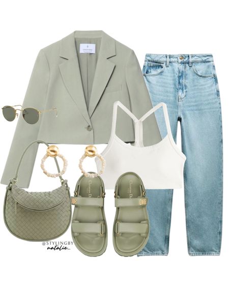 Green cropped blazer, white strappy crop top/bralette, mom jeans, bottega woven bag, Dior sandals, Ray ban sunglasses & earrings.
Brunch outfit, spring summer outfit.

#LTKeurope #LTKSeasonal #LTKstyletip
