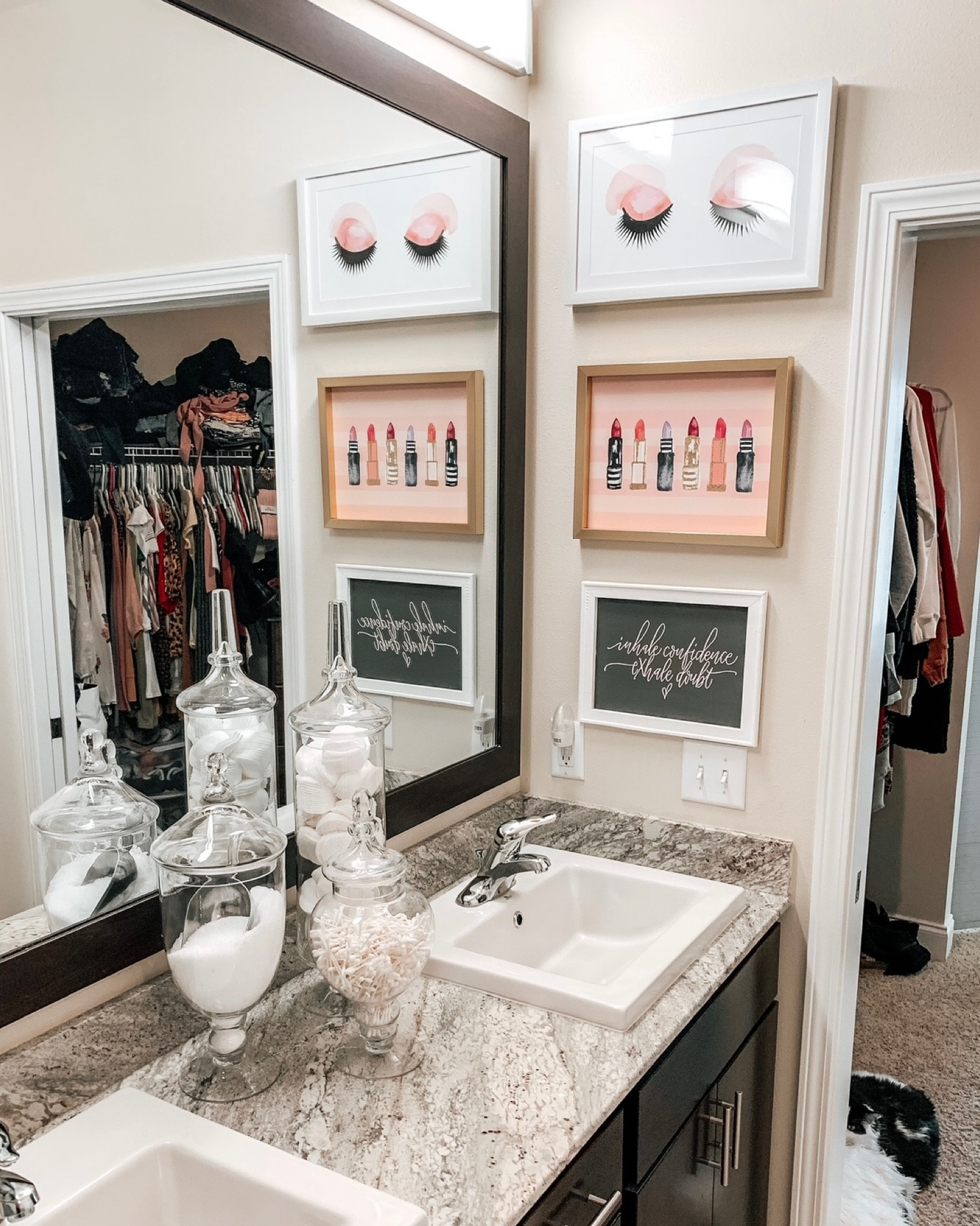 Apothecary jars for bathroom accessories make for cute decor. This wall art for a girly touch 💄💕

#LTKstyletip #LTKbeauty #LTKhome