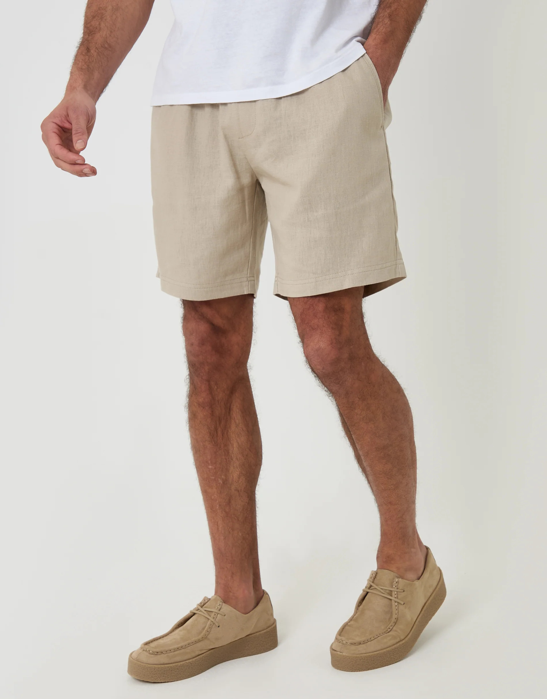 Shorter Length Elasticated Waist Linen Blend Shorts in Stone | Threadbare UK