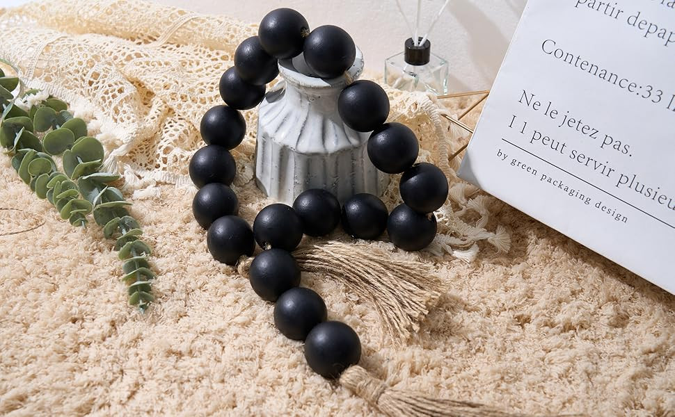 OMISHE Large Wood Bead Garland Black with 1.6" Diameter Wooden Beads and Tassels, 41" Long Rustic... | Amazon (US)