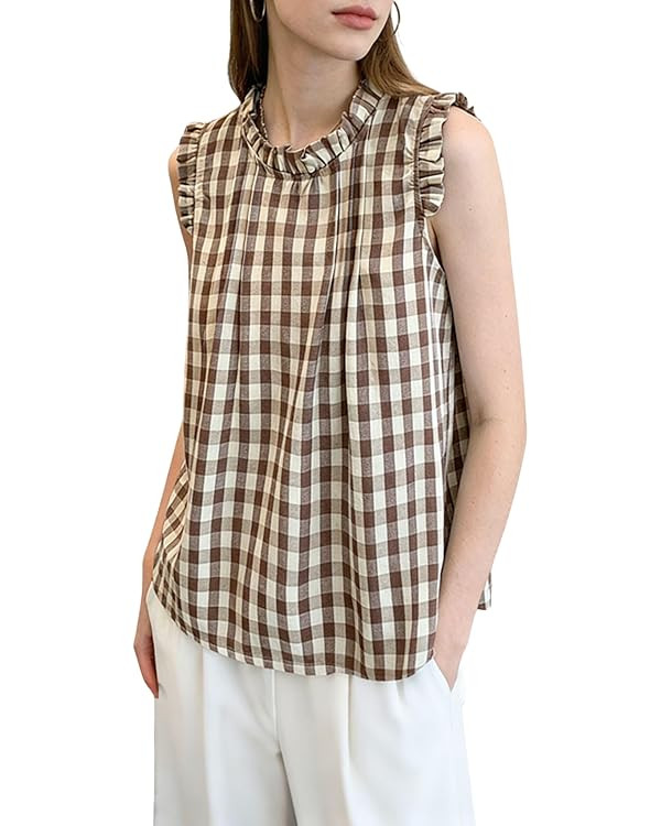 chouyatou Womens Summer Ruffle Sleeve Gingham Cotton Shirt Bowknot Plaid Blouses Pleated Tunic Ta... | Amazon (US)