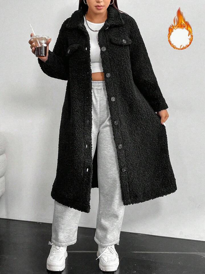 Plus Flap Detail Drop Shoulder Teddy Coat | SHEIN