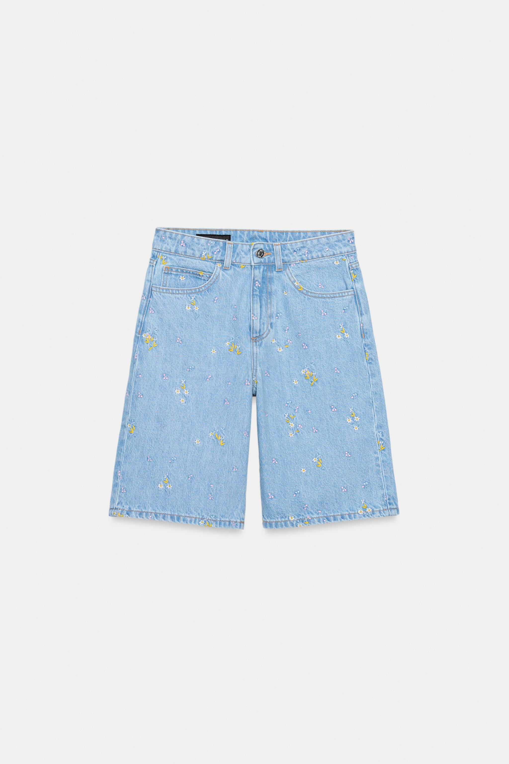 Z1975 EMBROIDERED FLORAL DENIM BERMUDA SHORTS | Zara UK