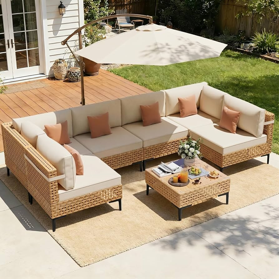 ABCASA Patio Furniture Set, 110" Large 7-Piece Wicker Outdoor Patio Furniture Sets with Non-Slip ... | Amazon (US)