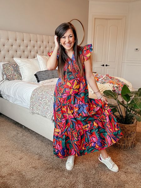 Colorful maxi dress! Smocked top with ruffle sleeves and true to size! #avara #maxidress 

#LTKWorkwear #LTKFindsUnder100 #LTKStyleTip