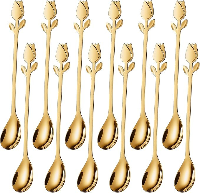 Gold Tulip/Rose Handle 12-Pcs Mini Coffee Spoons Set - 6" Stainless Steel for Espresso, Tea, Dess... | Amazon (US)
