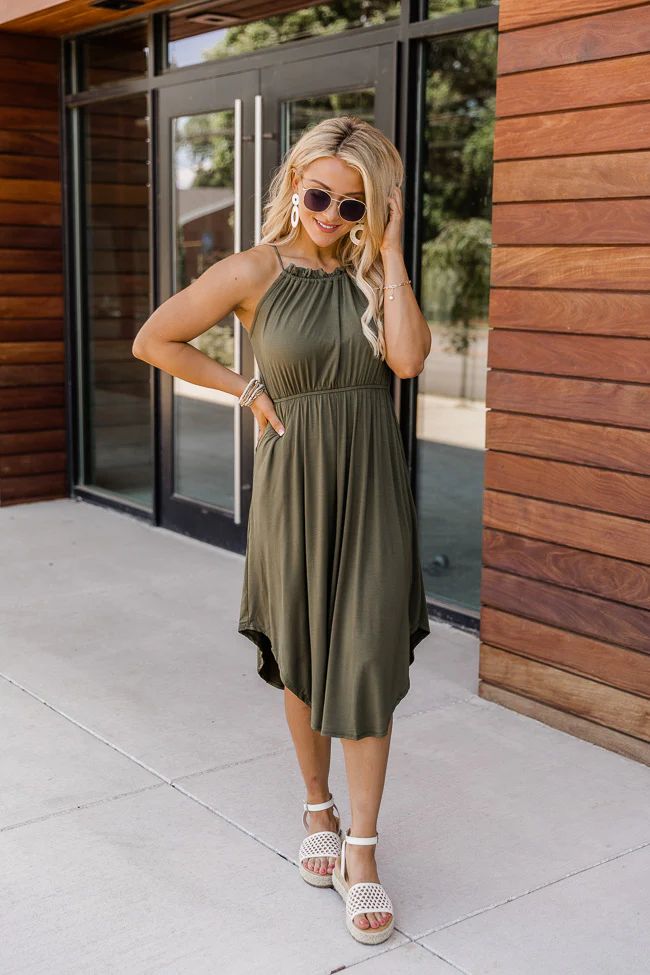 Catching Flights Olive Halter Dress | The Pink Lily Boutique