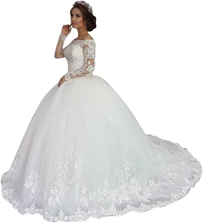 Mojing Women's Vintage Off The Shoulder Wedding Dresses for Bride Lace Bridal Dress Long Sleeves Wed | Amazon (US)