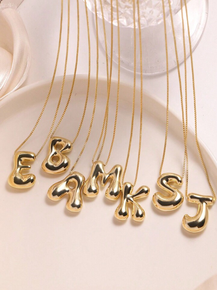 1pc Gold Plated Copper Chunky Alphabet Balloon Bubble Initial Letter Pendant Necklace For Women M... | SHEIN
