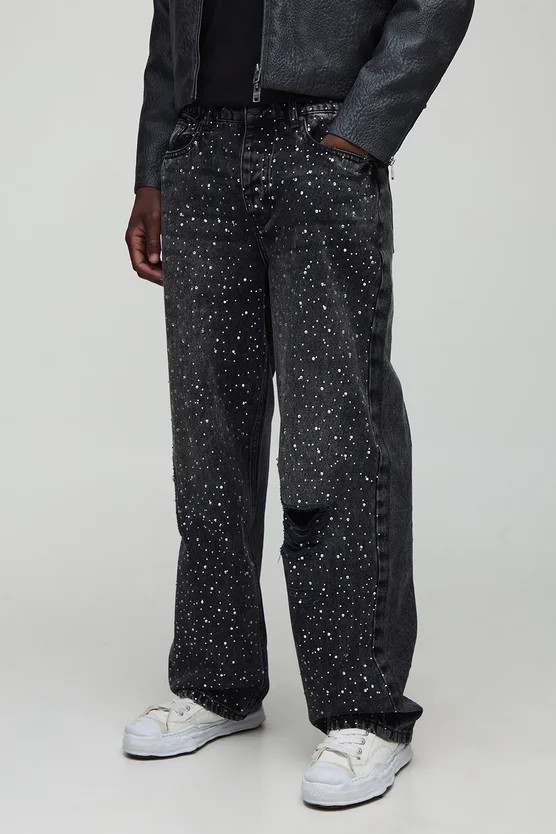 Tall Washed Pearl & Rhinestone Ripped Relaxed Fit Jeans | boohooMAN (US & Canada)