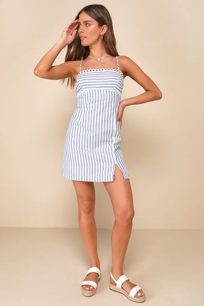 Cruising Capri Blue & White Striped Cotton Tie-Back Mini Dress | Lulus