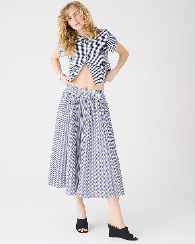 Pleated midi skirt in striped cotton blend | J. Crew US