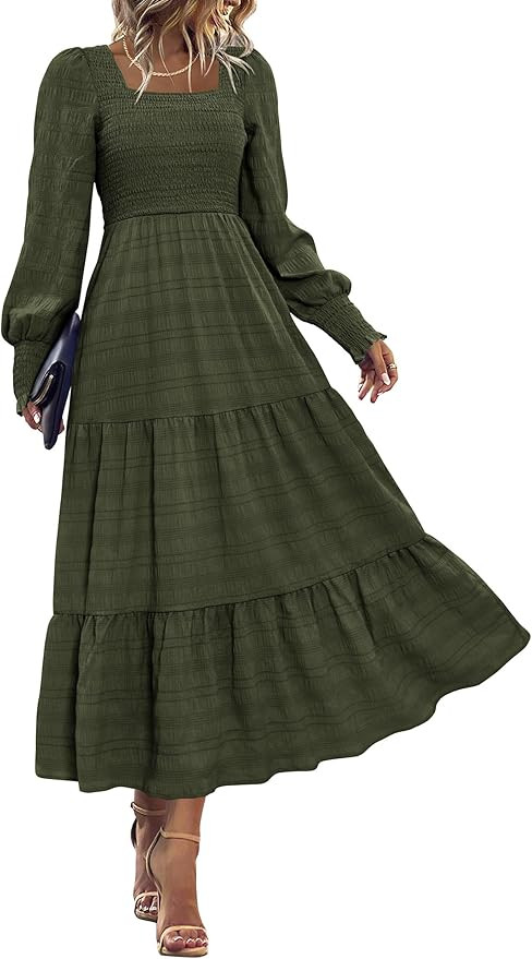 KIRUNDO Spring Dresses for Women 2026 Wedding Guest Maxi Long Sleeve Summer Smocked High Waist Fl... | Amazon (US)