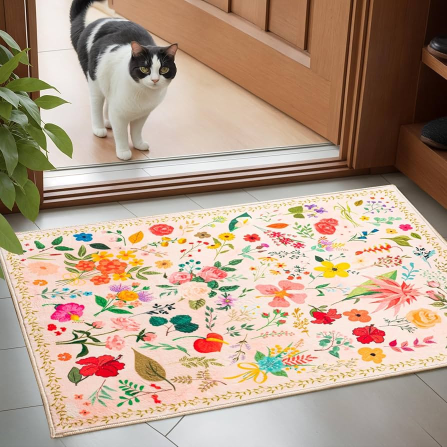 Boho Floral Entryway Rug 2x3, Washable Small Mat for Bathroom and Kitchen, Non Slip Front Door Ma... | Amazon (US)