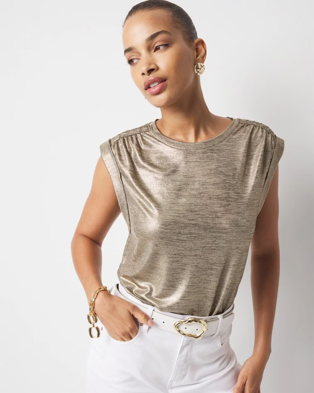 Gold Foil Braided Shoulder Tee | White House Black Market