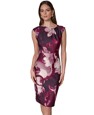 Women's Floral-Print Asymmetric-Neck Sheath Dress | Macy's
