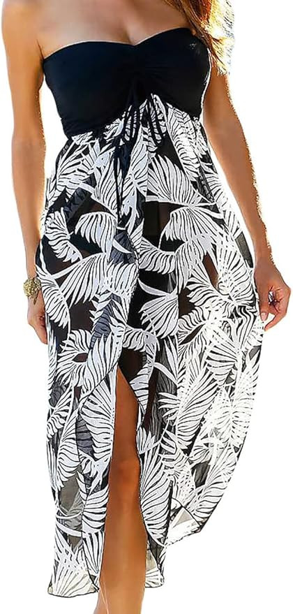 Lrady Women's Chiffon Off Shoulder Summer Beach Swimsuit Cover ups Sundress Strapless Dress | Amazon (US)