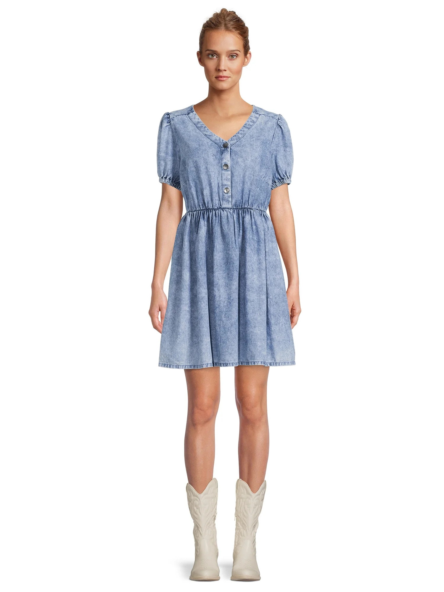 Time and Tru Women's Puff Sleeve Button Front Dress | Walmart (US)