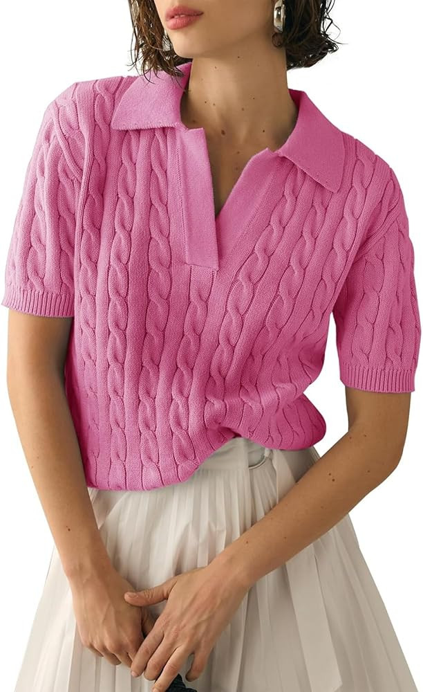 Women's Short Sleeve Pullover Sweaters Casual 2025 Summer Tops Cable Knit Solid Lapel V Neck Swea... | Amazon (US)