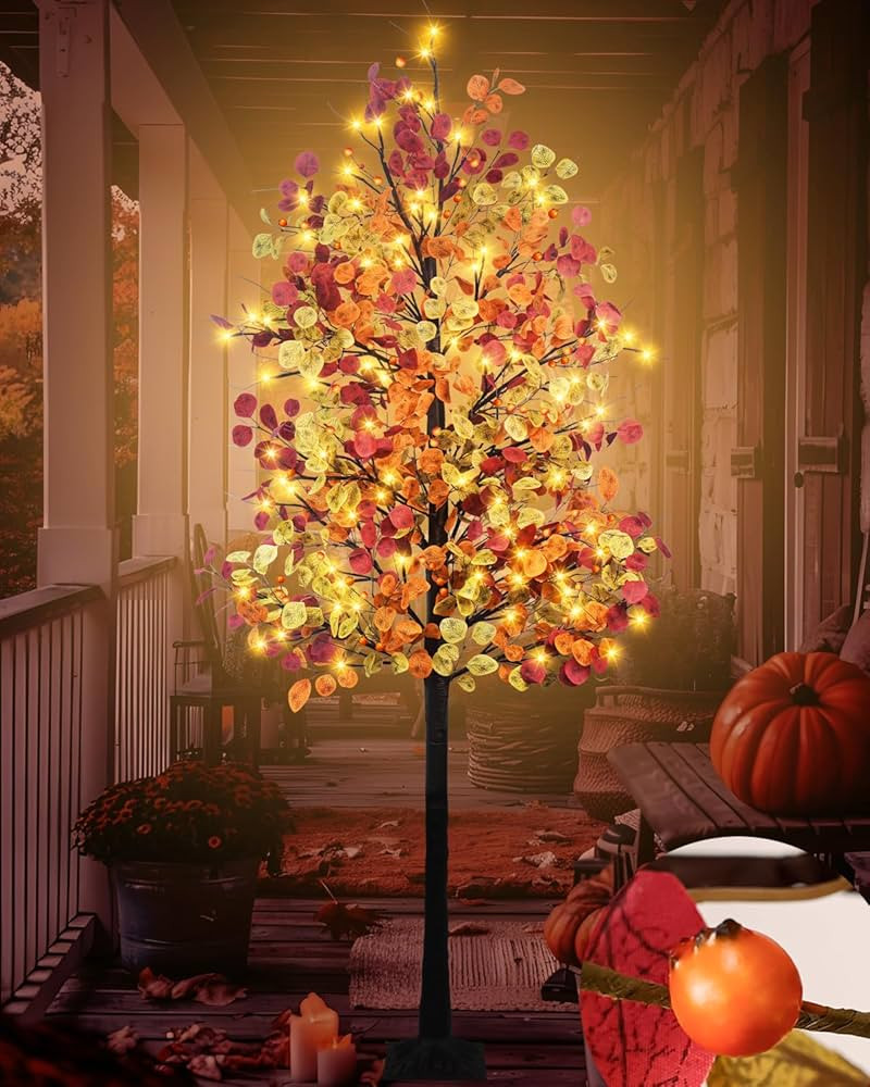 7FT Lighted Fall Eucalyptus Tree Artificial Autumn Tree 128 LED Lights Thanksgiving Eucalyptus Le... | Amazon (US)