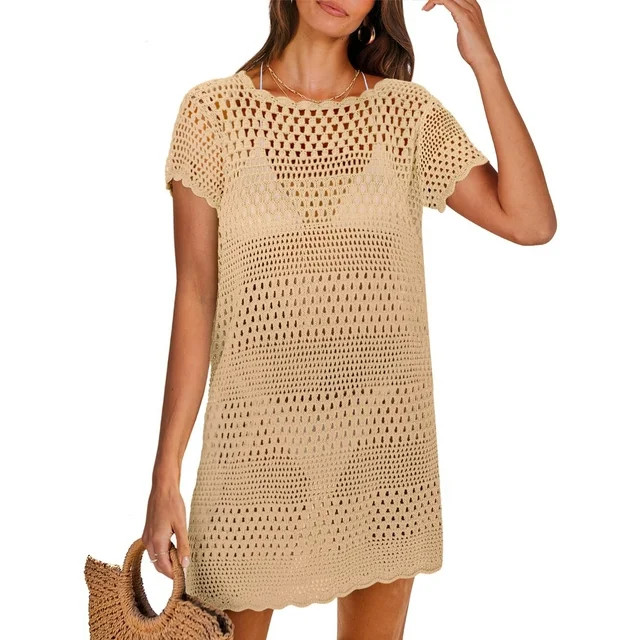 DAKIMOE Womens Swimsuit Cover Ups Summer Crochet Hollow Out Knit Bathing Suit Short Sleeve Pullov... | Walmart (US)