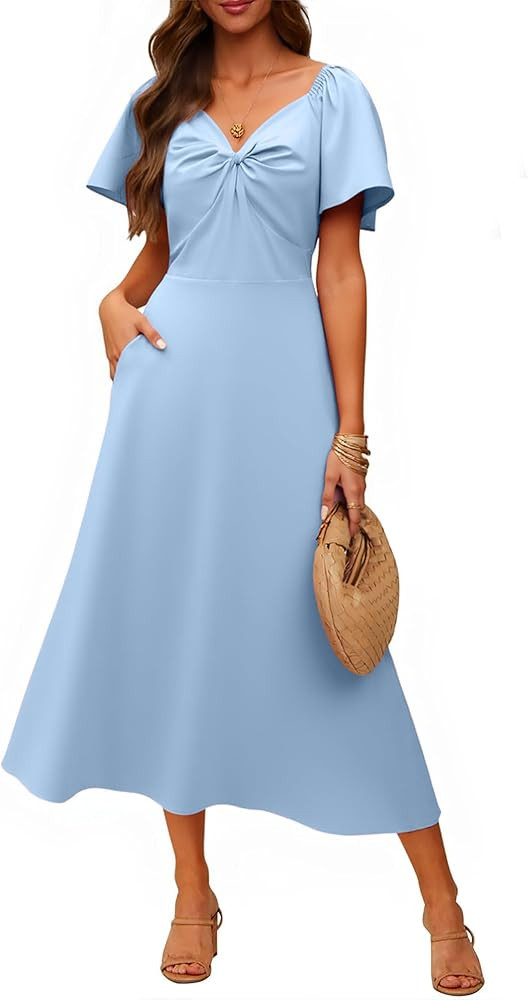 ECOWISH Womens Summer Maxi Dresses: 2026 Casual Flutter Short Sleeve Twist Front Long Flowy Weddi... | Amazon (US)