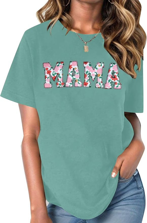 Mama Shirts for Women Funny Embroidered Mama Letter Print Tee Mom Gift Short Sleeve Shirt Mothers... | Amazon (US)