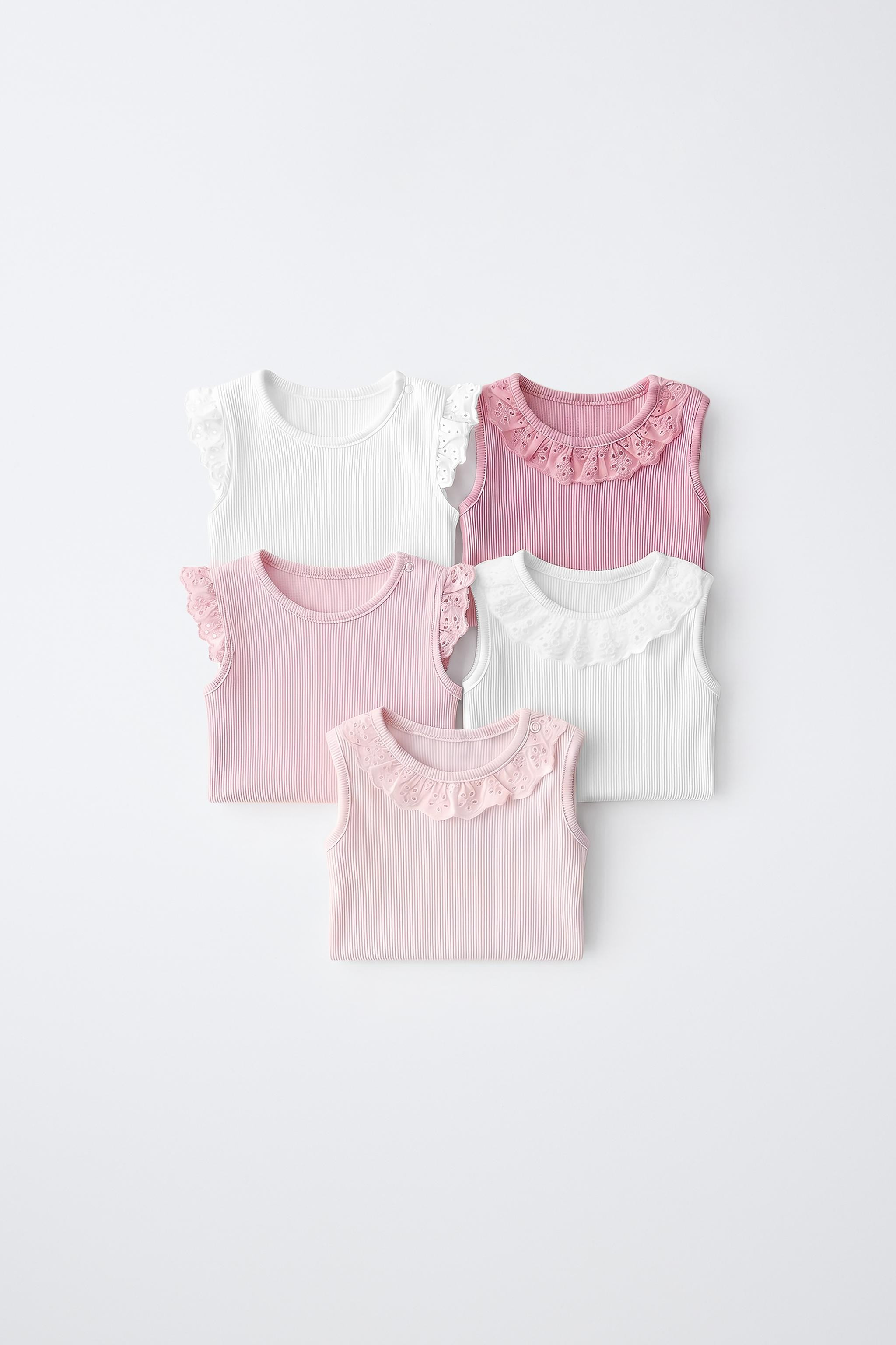 Pack of five round neck bodysuits with Swiss embroidered appliqu\u00e9 and sleeveless design. Sna... | Zara US