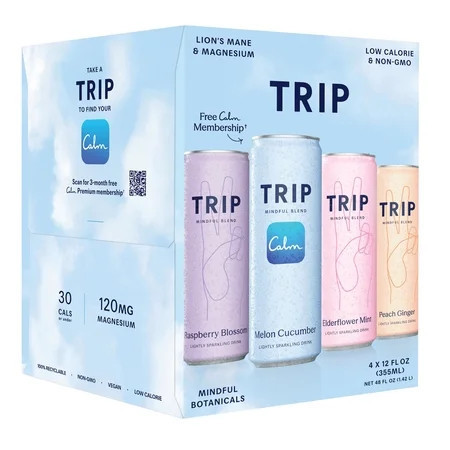 TRIP Lightly Sparkling Non-Alcoholic Drink with Magnesium, Ashwagandha, Lions Mane & L Theanine, No Added Sugar Mocktail - Variety Pack - 4 Pack 12 fl oz | Walmart (US)